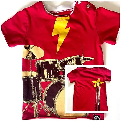 Mini Shatsu Baby Boy Red W/ Drum Set Rock Music Theme 2-Sided T-Shirt Size 18 M • $14
