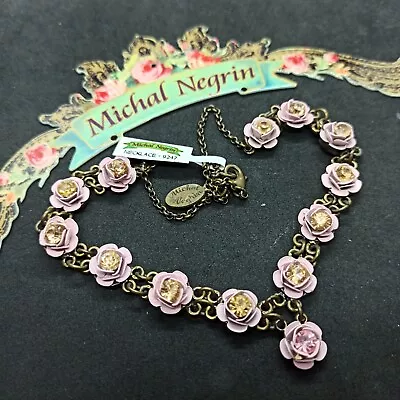 Michal Negrin Necklace Pink  Roses Enamel & Swarovski Crystals Vintage Gift New • $79.20