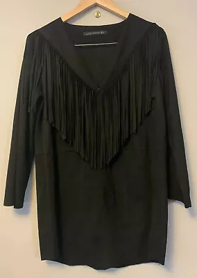 Zara Faux Suede Dress Size L Black Suedette Tassel Front Tunic Mini Shift Casual • $25