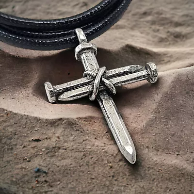 3 Nail Cross Antique Silver Finish Black Cord (Lc87rub)  Necklace • $10.99