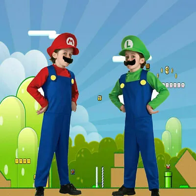 Kids Boys Super Mario And Luigi Fancy Dress Plumber Bros Halloween Book Costume • £8.32