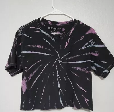 CHEMISTRY Cropped TieDye Womens Sz Medium Tshirt Black Purple Midriff Short • $7.97