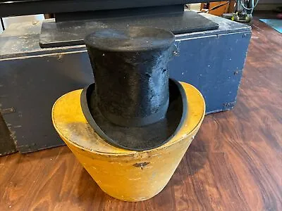 Antique Mens French Top Hat Feather Style W Wood Box Mustard Paint Papered • $75