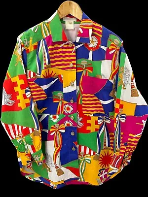Vintage Escada Multicolor Blouse Flag Pattern Button Up Colorful Size 38 • $79