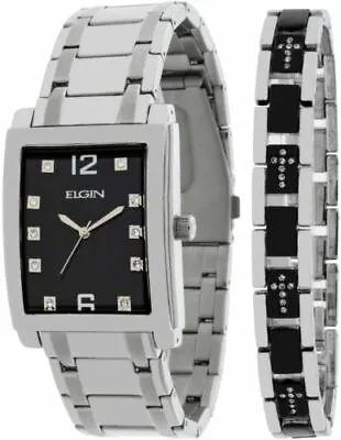 Elgin Men's Crystal Accent Two Tone Watch With Cross Bracelet Set FG9060ST • $39.99
