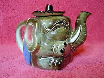 Vtg Happy Smiling Elephant Head W/ Hat Teapot Brown Pink Blue & Green 4.5  X 6  • $12