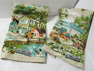 NOS PARISIAN PRINTS 2 Vtg. Linen Towels Aqua Green Orange Scenic Country Water • $34.95