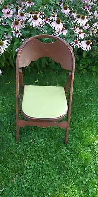 Vtg Wooden  Bentwood  Folding Chair W Lime Color Custioned Seat 32  High #2 • $40