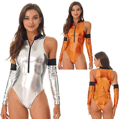 £4.40 • Buy Women Metallic Bodysuit Silver Astronaut Costume Space Cadet Cosplay Costumes