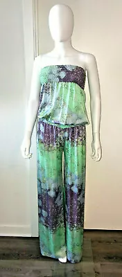 ALEXIS POLYESTER BOHO GREEN 70s STYLE FLOWY STRAPLESS JUMPSUIT CATSUIT XS S • £38.07