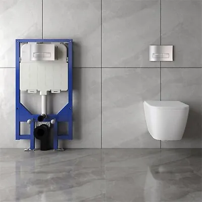 Rimless Square Wall Hung Toilet UF Soft Close Seat 1.14M Concealed Cistern Frame • £25.52