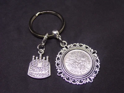 £6.95 • Buy 1963 60th Birthday Gift Lucky Sixpence Coin Keyring & Birthday Cake Charm N2