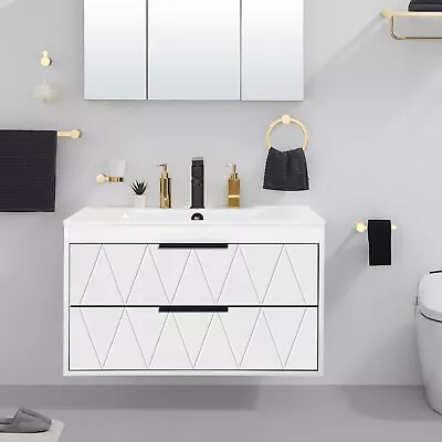 Bathroom Vanity Wall Mounted Cabinet With Ceramic Sink Combo Faucet Drain • $259.98