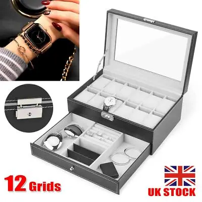 Mens 12 Grid Leather Watch Display Case Jewellery Rings Storage Holder Box • £20.97
