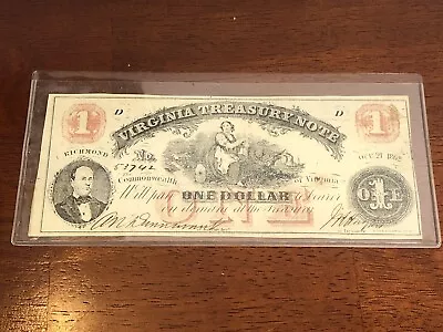 1862 Confederate Virginia $1 One Dollar Treasury Note Richmond • $75