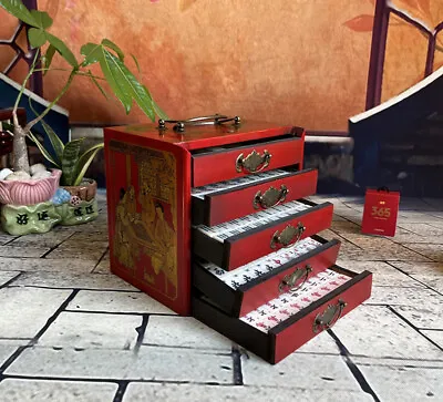 Portable Retro Mahjong 144 Tiles Game Mah-Jong Set In Wood 5 Drawer Draw Box • $84