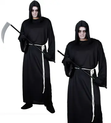 Grim Reaper Costume Mens Halloween Reapers Black Robe Fancy Dress Outfit • £13.99