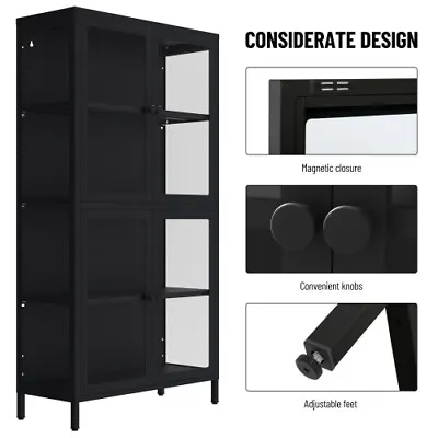4 Tier Glass Door Storage Cabinet Adjustable Shelves Metal Steel Kitchen Home • $329.99