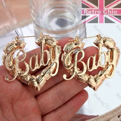 GYPSY Baby HEART HOOP 5cm Bamboo Retro Creole Hearts GOLD FASHION HOOPS Earrings • £3.50