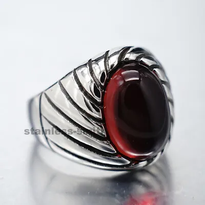 Mens Red Red Garnet Stone Ring Men Stainless Steel Size 7 8 9 10 11 12 13 14 15 • $17.99