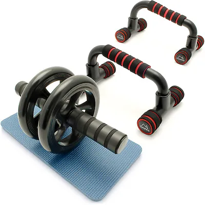 Push Up Bars Stand Handles & Ab Roller Wheel Strength Abdominal Fitness Gym Kit • £12.99