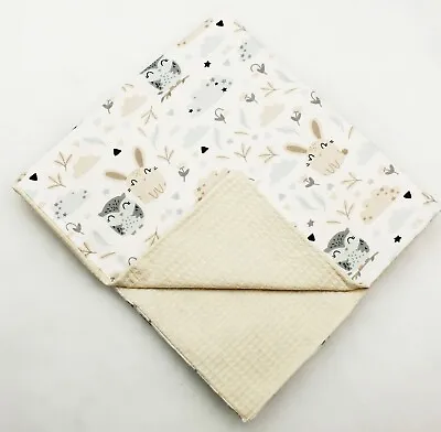 XXL LARGE BLANKET BABY COTTON +WAFFLE FABRIC Beige Bunny Forest Owls For Cot Bed • £18.99
