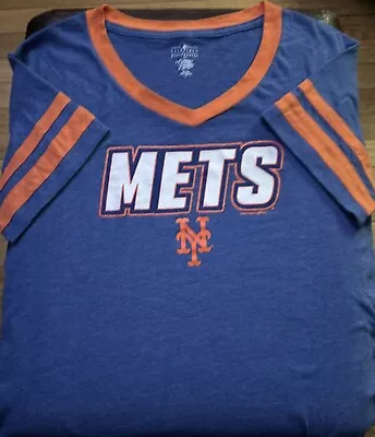 2018 New York Mets MLB V-Neck Ringer Varsity Striped Sleeve-Retro (XL) • $14.99