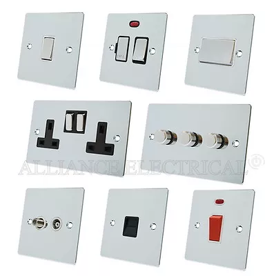 Full Range Polished Chrome Flat Sockets Switches Dimmers Black Ins Metal Rocker • £7.20