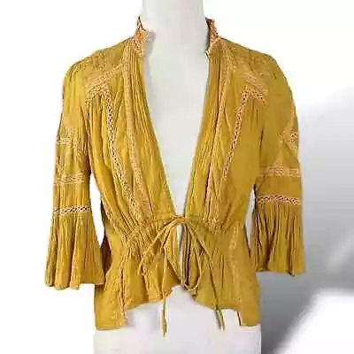 Vintage Free People Edwardian Kimono XS Gauze Lace Embroidered Tan Mustard Bell • £53.24