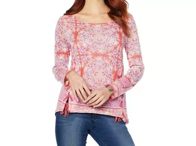 Curations Women's Pullover Printed Hacci Sweater Top Peach Print Small Size  • $11.25