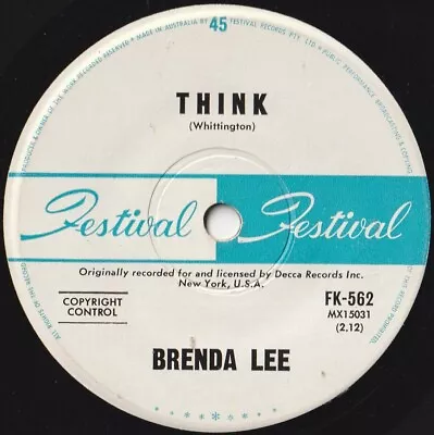 BRENDA LEE 45: THINK B/w THE WAITING GAME  AUSSIE  FESTIVAL  EX- & EX-  1964 • $8