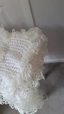 £25 • Buy Ivory Hand Knitted Baby Lacey Shawl With Lace Edging
