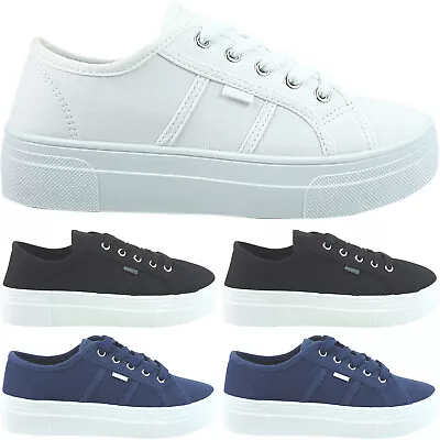 New Womens Lace Up Summer Canvas Platform Pumps Plimsolls Trainers Shoes Size • £9.95