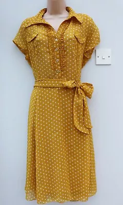 PRIMARK  SIZE 8 VINTAGE WW2 40s STYLE POLKA DOT SPOT YELLOW TEA DRESS EU 36 • £22