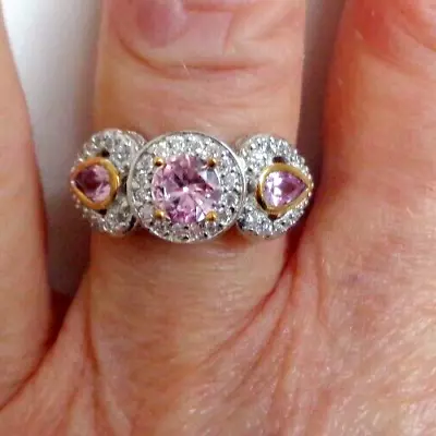 Diamonique Simulated Pink Sapphires  Sterling Silver Ring--size O (QVC ) • £45