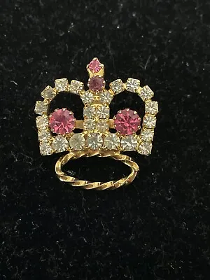 Crown Brooch Pin Vintage  Rhinestones Pink Purple  Goldtone READ DESCRIPT   DF85 • $9