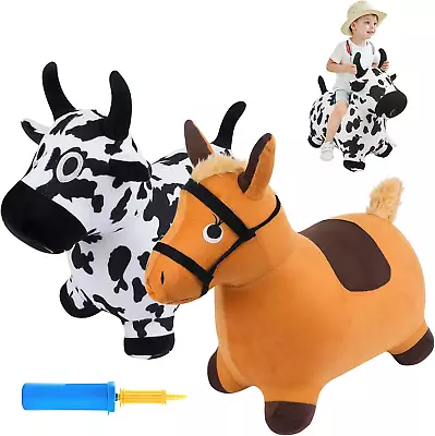 Inflatable Bouncy Cow & Horse 2PCS Set W/ Pump Outdoor Ride-On Toys Kids 3-6 Yrs • £75.05