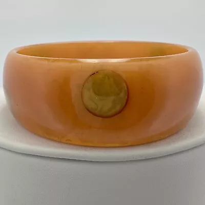 Vintage Marbled Translucent Tangerine & Green Bakelite Polka Dot Bangle Bracelet • $15.50