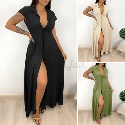 $16.61 • Buy ZANZEA Womens Summer Short Sleeve High Split Shirt Dress Long Beach Dresses Plus