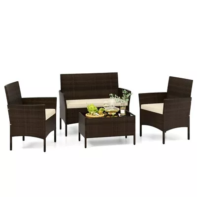 4 Pcs Outdoor Patio Garden Rattan Sofa Set Cozy Cushioned Chair & Glass Tabletop • $168.96