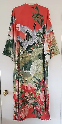 £145.06 • Buy NATORI Kimono Long Robe Sz M Y2K Red Crane Asian Floral Print Zip Front Kaftan 