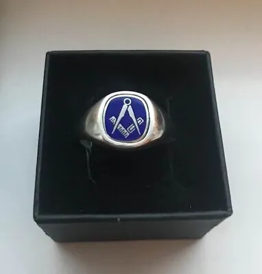 Masonic Heavy Stunning Silver Square & Compasses Blue Enamel Swivel Ring. Size W • £170