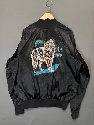 Vintage Wolf Jacket Mens Extra Large Animal Print Canada Satin Bomber Outdoor • $24.63