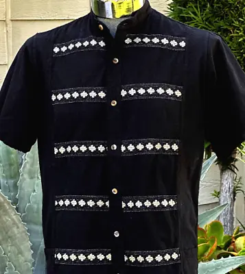 Men Black Guayabera White Embroidery Short Sleeve Pocket Mao Collar Cotton Mexic • $42.95