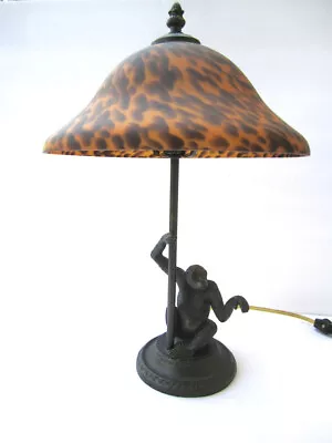 Art Deco Style Monkey Table Lamp - Metal & Art Glass Shade • $150