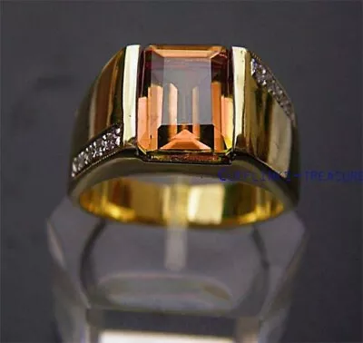 Natural Citrine & CZ Stones With 925 Sterling Silver Gold Plated Men's Ring #C45 • $115