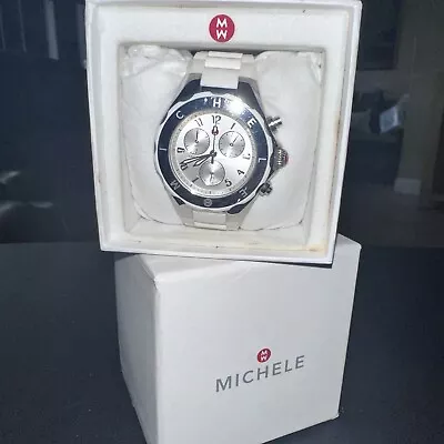 MICHELE Tahitian Jelly Bean Womens Chronograph Watch Silver Dial White Silicone • $220