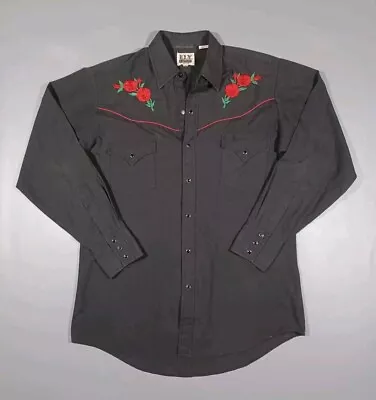 Ely Cattleman Shirt Mens M Black Pearl Snap Western Embroidered Roses • $27.99
