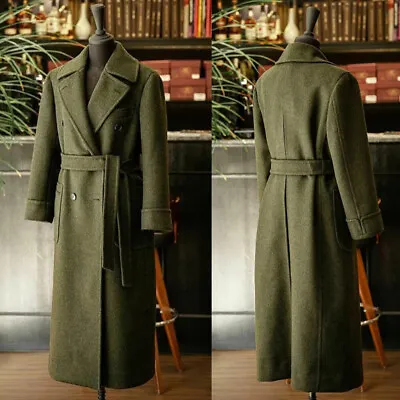 Dark Green Wool Blend Men's Overcoat With Belt Long Jacket Party Outdoor Wear • $80