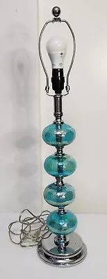 Stacked Teal Aqua Blue Blown Crackle Glass Balls Silver Tone Base Table Lamp 29  • $73.83